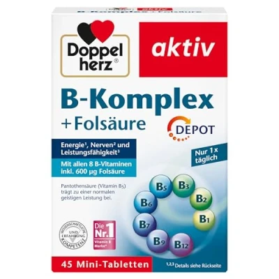 Obrázek Doppelherz B komplex DEPOT s kyselinou listovou vitamíny jako příspěvek k normální funkci nervového systému a normálnímu energetickému metabolismu 45 tablet