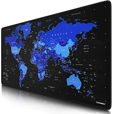 Obrázek Titanwolf XXL Gaming podložka pod myš 900x400 mm stůl velká přesnost a rychlost gumová spodní strana protiskluzová odolná proti vodě mapa světa černá modrá