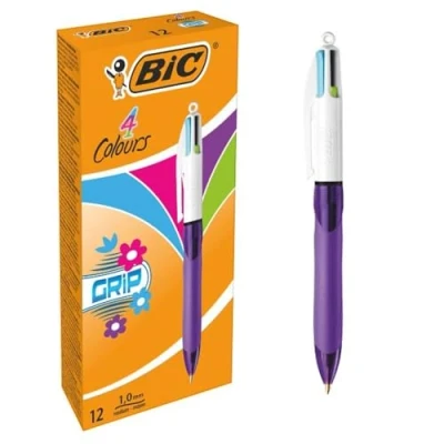 Obrázek BIC 4 barvy kuličkové pero sada Colours Grip Fun, pastelové barvy, balení 12 ks, ideální do kanceláře, domácí kanceláře nebo školy