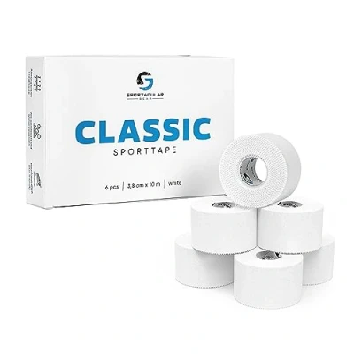 Obrázek Sportacular Gear Sportovní páska Classic 6 rolí 3,8 cm x 10 m tuhá, neelastická odpuzuje vodu, šetrná k pokožce, bavlna (6 rolí, bílá)
