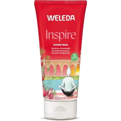 Obrázek WELEDA Bio Inspire sprchový gel veganský přírodní kosmetika granátové jablko sprchové mýdlo pro ženy a muže s pomeranč/vanilkovou vůní, péče o pleť sprcha k čištění obličeje těla (1 x 200