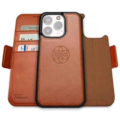 Obrázek Dreem Fibonacci iPhone 14 pro pouzdro na peněženku / 2 v 1 nárazuvzdorné MagSafe Case a odnímatelná luxusní veganská kožená fólie s ochranou RFID karty stojanem; ženy muže karamel