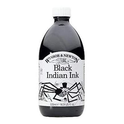 Obrázek Winsor &amp; Newton 1050030 Drawing Inks kreslicí tuš pro kaligrafy, ilustrátory, grafiky, umělce voděodolné barvy, vynikající průhlednost, 500 ml láhev černá