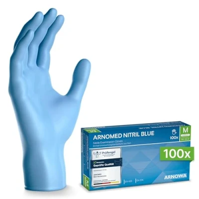 Obrázek ARNOMED Nitril jednorázové rukavice 100 kusů/krabice, M, bez pudru a latex, modré nitrilové rukavice, k dispozici ve vel. XS, S, L, XL XXL