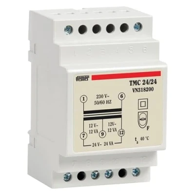 Obrázek VEMER VN318200 TMC 24/24 Trafo pro DIN lišty s primárním napětím 230 V, sekundární napětí 1224 V a výkon 24 VA, bílé