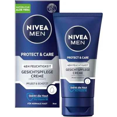 Obrázek NIVEA MEN Protect &amp; Care pleťová péče krém, zklidňující hydratační krém Pro muže, 48h na obličej s Aloe Vera a Vitamin B5 (75 ml)