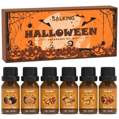 Obrázek SALKING Halloween sada éterických olejů, aromaterapie vonný olej, dárková sada, čisté vonné oleje pro difuzéry zvlhčovače vzduchu, 6 x 10 ml (dýňový koláč, karamelová jablka, kukuřice cukrová,