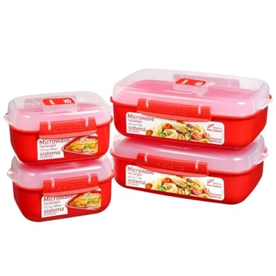 Obrázek Sistema Microwave Heat &amp; Eat Frischhaltedosen Set 4 rechteckige Mikrowellen Vorratsdosen mit Deckeln (2 x 1,25 l + 2 525 ml) verschließbare Clips und Belüftungsventile BPA frei [82005]