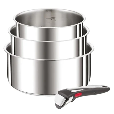 Obrázek Tefal 3dílná sada hrnkových koleček L898S3 Ingenio Preference On s odnímatelnou rukojetí, vhodná do trouby 250 C bez rukojeti, pro všechny typy sporáků, nemluvná, indukční ušlechtilá ocel,