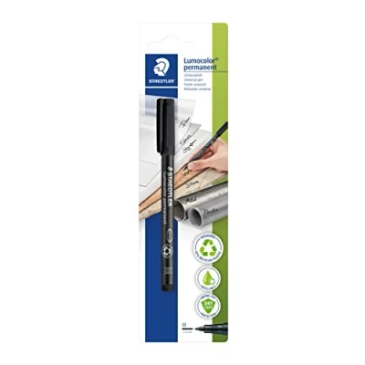 Obrázek STAEDTLER permanentní popisovač Lumocolor, černý, šířka čáry cca 1,0 mm, odolný proti rozmazání a vodě, Made in Germany, doplňovací, dlouhá životnost, 1 univerzální tužka na blistrové kartě, 317 9 BKDA