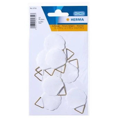 Obrázek HERMA 5752 závěs na obraz k nalepení, bílý, malý, 10 kusů, Ø 30 mm, samolepicí, drátěné lano zavěšení obrazu bez vrtání stěnu, silný papírový drát pro obrazy, fotorámečky do 800 g
