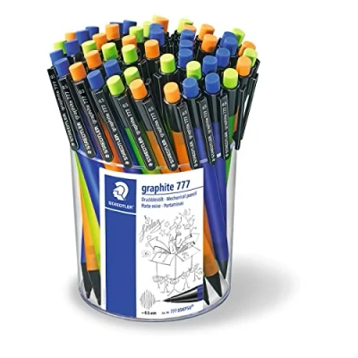 Obrázek Staedtler 777 05 KP50 mechanická verzatilka Graphite plněno B Minen, průměr tuhy 0,5 mm, 3 dřík barvy, 50 kusů v kyblík na balení Modrá/oranžová/zelená