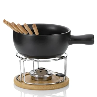 Obrázek Kela 10dílná sada na sýrové fondue, keramické fondue pro 6 osob NATURA, sýr fonduesová s držákem hořlavé pasty, vidličky, držák černá,