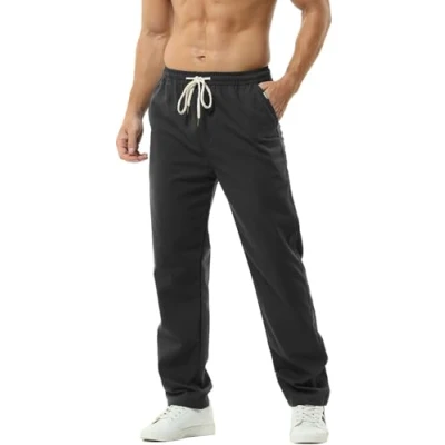 Obrázek HOEREV Men Casual plážové kalhoty lněné kalhoty, černá