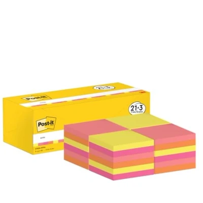 Obrázek Post It 654 NP24 poznámková Notes Promotion, 24 bloky 100 listů v krabici, 76 x mm, Neonorange/žlutá/růžová/Mandarinenorange