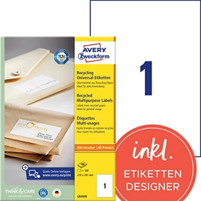 Obrázek AVERY Zweckform LR3478 recyklované etikety (100 lepicích štítků, 210 x 297 mm na A4, 100% recyklovaný starý papír, potištěné přepravní etikety, samolepicí zásilkové nálepky) 100 listů, přírodní bílá