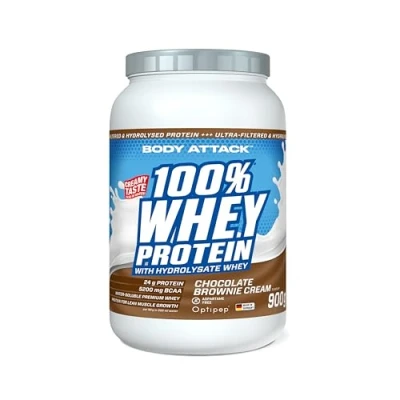 Obrázek Body Attack 100% Whey Protein Chocolate Brownie 900 g Made in Germany extra krémový proteinový prášek s hydrolyzátem a BCAA&#039;s, podporuje růst svalů diety pro sportovce atlety