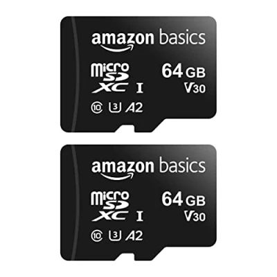 Obrázek Amazon Basics MicroSDXC, 64 GB, s SD adaptérem, černá barva, A2, U3, rychlost čtení až 100 Mbit/s, 2 kusy