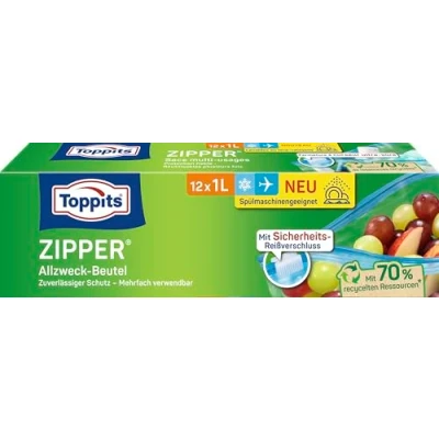 Obrázek Toppits Univerzální sáček se zipem, speciální fólie odolná proti roztržení, opakovaně použitelná, transparentní, objem náplně 1 litr, x 12 kusů