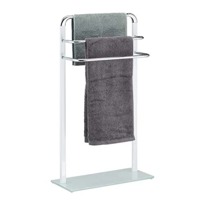 Obrázek Relaxdays držák na ručníky, bílý/stříbrný, osušky z pochromovaného kovu, V Š x H 80 45 20 cm, stojan ručníky 3ramenný