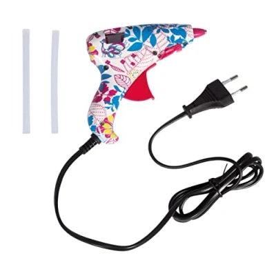 Obrázek Rayher 30215000 Mini tavná pistole, 12 x cm, plast, skvělý design Flower Power, výklopný stojan, včetně 2 lepicích tyčinek
