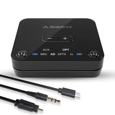 Obrázek Avantree Audikast 3 [verze 2025] Bluetooth 5.3 vysílač pro TV s optickým nebo AUX audio výstupem, adaptér aptX, duální Link 2 sluchátka a dosah 30 metrů