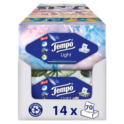 Obrázek Tempo Light Box kapesníky mega balení 14 boxů, 70 ubrousků v boxu měkké papírové kapesníky, lze prát pračce