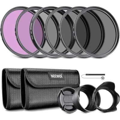Obrázek NEEWER Sada 52 mm objektivu: UV, CPL, FLD, ND2, ND4, ND8, sluneční clona a kryt objektivu kompatibilní s fotoaparáty Canon Nikon Sony Panasonic DSLR objektivem