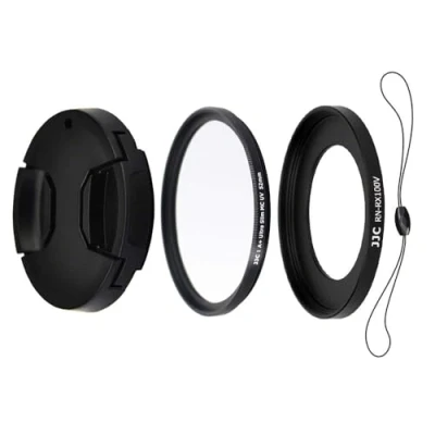 Obrázek JJC Sada příslušenství objektivu, 4dílná pro Sony RX100VA, RX100V, RX100IV, RX100III, RX100II, RX100 s adaptérem na objektiv, UV filtr, kryt objektivu a držákem krytu (52 mm)