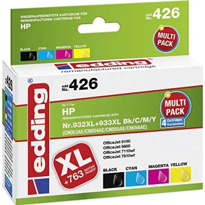 Obrázek edding Patrona do tiskárny EDD 426 multipack 4 černá, azurová, purpurová, žlutá 1x 30 ml + 3x 12 dosah 1090 1030 nahrazuje HP 932XL/933XL (CN053/CN054/CN055/CN056)