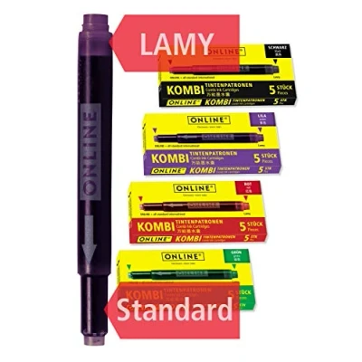 Obrázek ONLINE 20 x kompatibilní LAMY barevné patrony, také pro Pelikan, Stabilo atd., Univerzální inkoustové kazety, plnicí náplně, výhodné balení kombi patrona, vícebarevné náhradní náplně pero