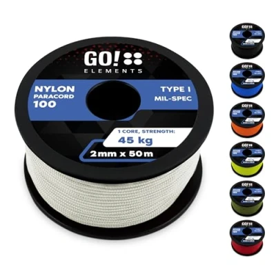 Obrázek GO!elements 50 m Paracord 2 mm lano z nylonové šňůry odolné proti roztržení 100 typ I Survival šňůra odolná do 45 kg vhodné jako univerzální lano, šňůra, šňůrka,