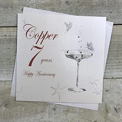 Obrázek White Cotton Cards blahopřání, BD107, k 7. svatební den &quot;Happy Anniversary &#039;Copper&#039; 7 years&quot; s Champagne sklo motiv, ruční výroba, bílá