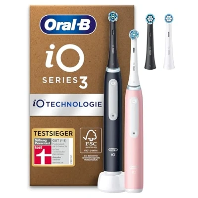 Obrázek Oral B iO Series 3 PLUS Edition dvojité balení elektrického zubního kartáčku, elektrický kartáček, 4 nástrčné kartáčky, režimy čištění pro péči o zuby, vítěz testu Stiftung Warentest (12,2024),
