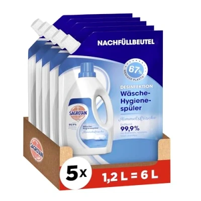 Obrázek Sagrotan Hygienická náplň na prádlo pro zachování čerstvého prádla dezinfekční oplach hygienicky čisté a čerstvé 5 x 1,2 l čistič v praktickém výhodném balení