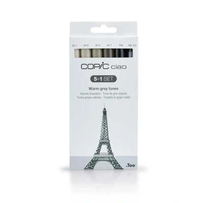 Obrázek COPIC Ciao Marker 5+1 sada &quot;Teplé odstíny šedé&quot;, 5 univerzálních layoutpopisovačů se středně širokým a štětcovým hrotem, vč. 1 multiliner 0,3 mm