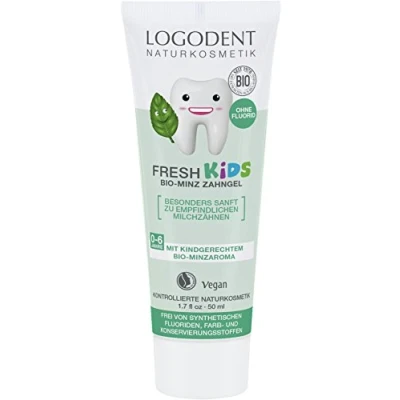 Obrázek LOGODENT přírodní kosmetika FRESH KIDS bio mátový zubní gel, pro zdravé a silné zuby mléka dětí, bez syntetických fluoridových přísad, veganský, 1 x 50 ml