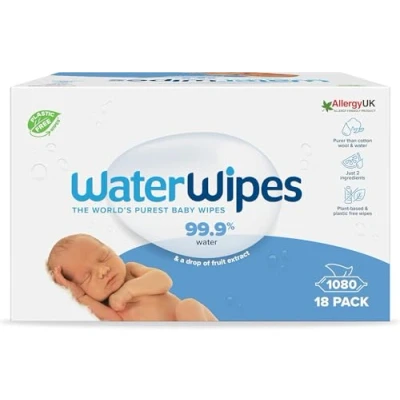 Obrázek WaterWipes Originální čisticí ubrousky bez plastů pro miminka, 1080 kusů (18 balení), 99,9 % hadříků na bázi vody, neparfémované citlivou pokožku
