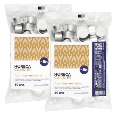 Obrázek Horeca Candles Čajové svíčky doba hoření 8 hodin bílé 100 kusů v sáčku hliníkové pouzdro k oslavě, dekorace, svatba, gastro, party bez vůně prémiová kvalita