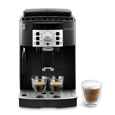 Obrázek Plně automatický kávovar De&#039;Longhi Magnifica s ECAM 22.110.B pěnou na mléko pro cappuccino, tlačítky přímý výběr espressa a otočným ovládáním, funkce 2 šálků, 1,8 litrová nádrž vodu, černá / stříbrná