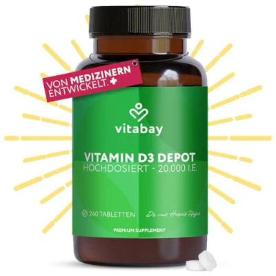 Obrázek Vitabay vitamín D3 Depot 20 000 I.E. 240 Veganské tablety vitamin D vysoké dávky 20000 vitaminu kapsle Vit