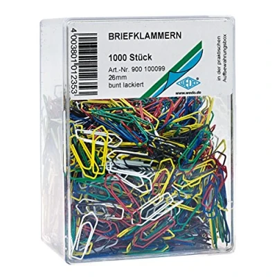 Obrázek Wedo 900100099 kancelářská svorka (z kovu 26 mm, lakovaná, v průhledné krabici) 1000 kusů, barevně tříděné