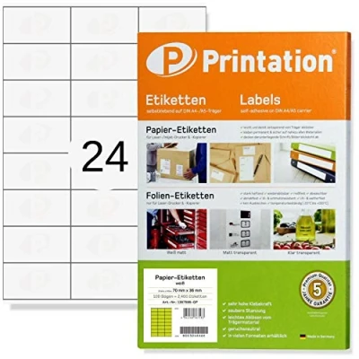 Obrázek Printation Adresní štítky samolepicí 70 x 36 mm internetová značka bílá 2400 nálepek na adresu k potisku 100 DIN A4 arch 3x8 24 lepicí etikety archu 3475 3490 6122 4453 la131 FBA