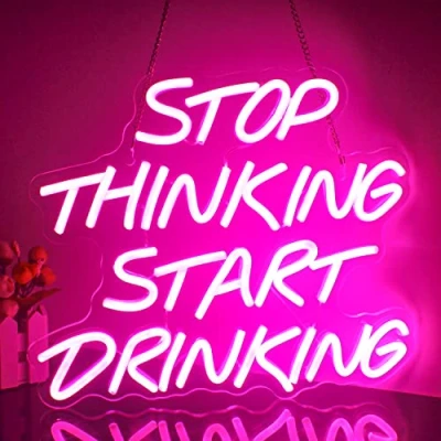 Obrázek Looklight Neonový štítek Stop Thinking Start Drinking, růžové, LED neonové cedule pro dekoraci piva a vousů, pivní štítky, nápoje, světlo domov, bar, koktejly, pub, noční klub, party,