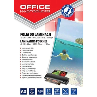 Obrázek OFFICE PRODUCTS 20325625 90 laminovací fólie A3, 2 x 100 mikron, lesklá, kusů, transparentní