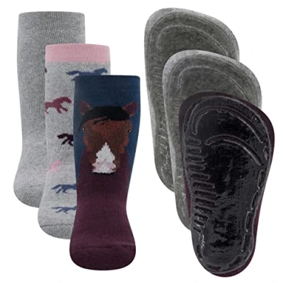 Obrázek EWERS 3dílné balení koně protiskluzové ponožky SoftStep, s protiskluzovou podrážkou pro dívky, gumovou podrážkou, Made in Germany, 3 páry protiskluzových dětských