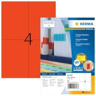 Obrázek HERMA 4397 barevné etikety červené, 100 listů, 105 x 148 mm, 4 na arch A4, 400 kusů, samolepicí, potisknutelné, matné, prázdné papírové nálepky
