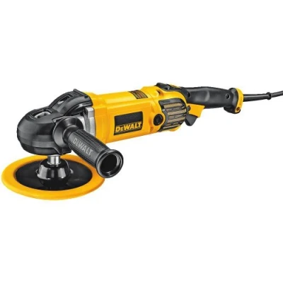 Obrázek DEWALT Leštička/leštička 150 mm a 180 (variabilní nastavení rychlosti, tichý bez vibrací, vč. gumového brusného talíře, přídavná boční rukojeť, dvě lešticí dičky, třmenová rukojeť), DWP849X