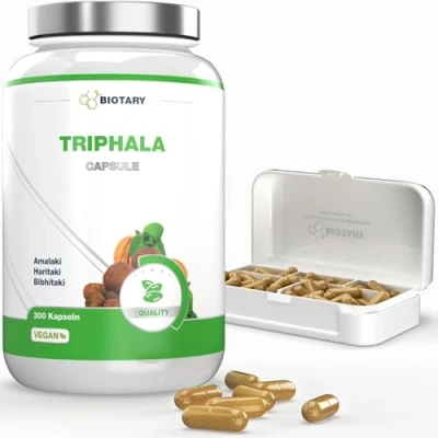 Obrázek Triphala 300 kapslí, 1500 mg vysokých dávek, 5měsíční zásoba, včetně krabičky na pilulky, vysoká dávka z haritaki, amalaki a bibhitaki, 100% veganské, čistě rostlinné, laboratorně testováno, vyrobeno