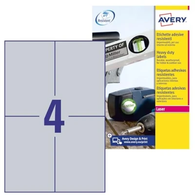 Obrázek AVERY Zweckform L6134 20 Typový štítek Fóliové etikety (80 nálepek, 105 x 148 mm na A4, silně samolepicí, odolné, odolné proti povětrnostním vlivům, potištěná lepicí fólie, blanko) listů, stříbrná
